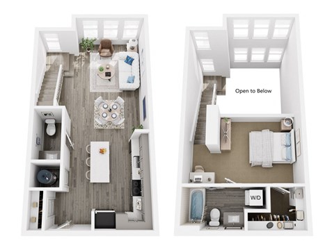A top down view of a small apartment with a kitchen, living room, and bathroom.